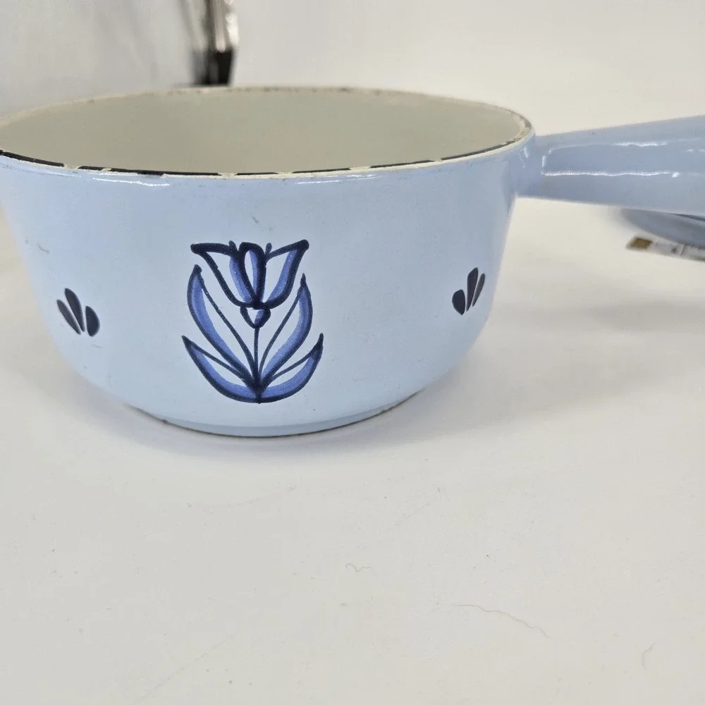 Vintage DRU Holland Blue Enamel Saucepan Set With Lids Tulip MCM Cookware 6